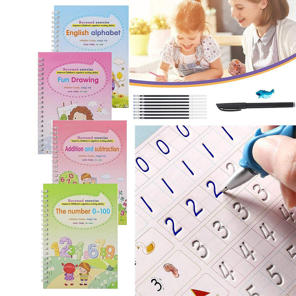 4 pcs Sank Magic Kids Practice Copybook Set – Reusable Handwriting books with 10 Refills with Magic Ink Technology