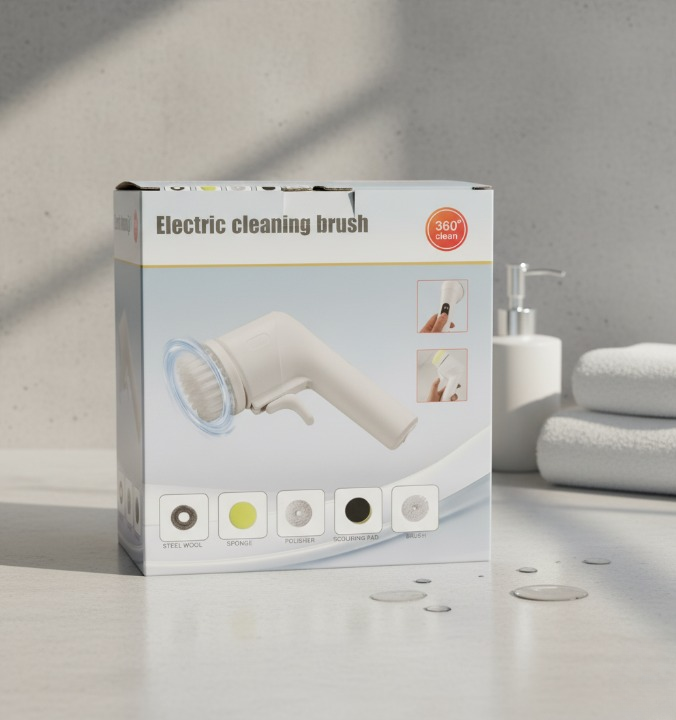 Electric Cleaning Brush With Multiple Attachments For Efficient Home Cleaning – 360° Rotating Scrubber With Sponge, Brush, And Steel Wool Heads