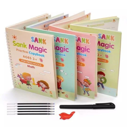 4 pcs Sank Magic Kids Practice Copybook Set – Reusable Handwriting books with 10 Refills with Magic Ink Technology